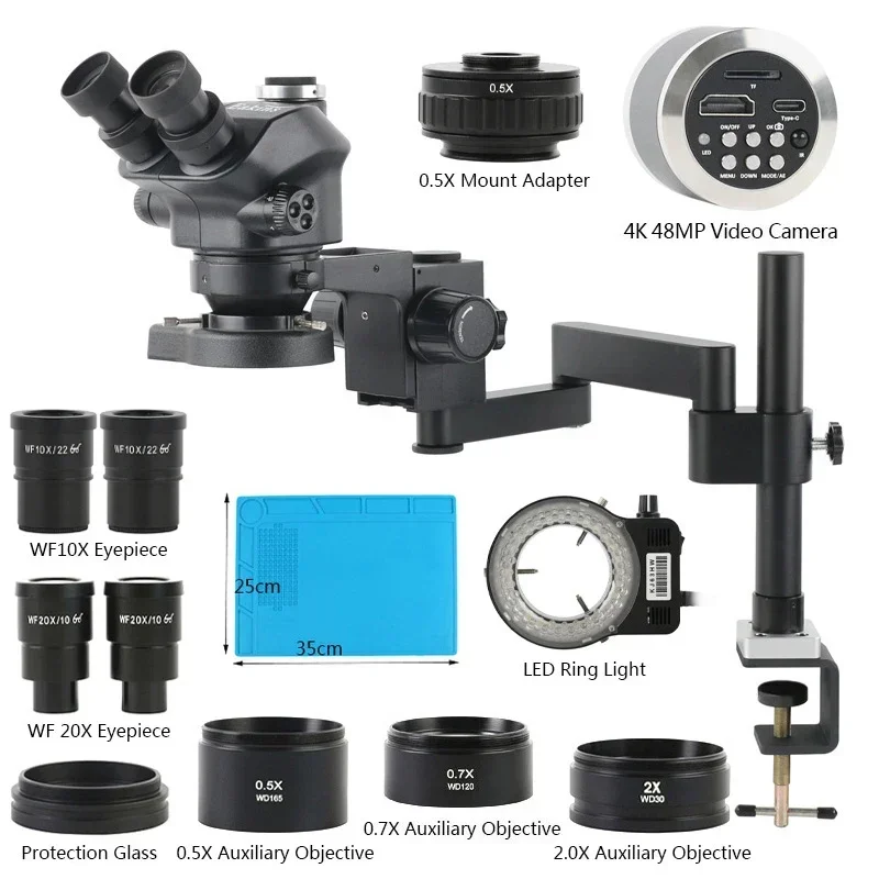 Stereo Trinocular Microscope Pcb - กล้องจุลทรรศน์สเตอริโอแบบสามตา ซูมได้ 3.5X-200X พร้อมแขนปรับได้ ขาตั้งแบบหนีบ สำหรับงานซ่อมโทรศัพท์มือถือ